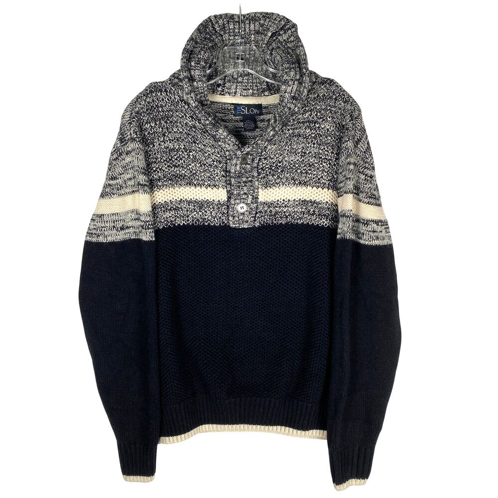 The Slope Chunky Knit Collar Pullover Sweater Men L Black Après Ski Outdoor Cozy